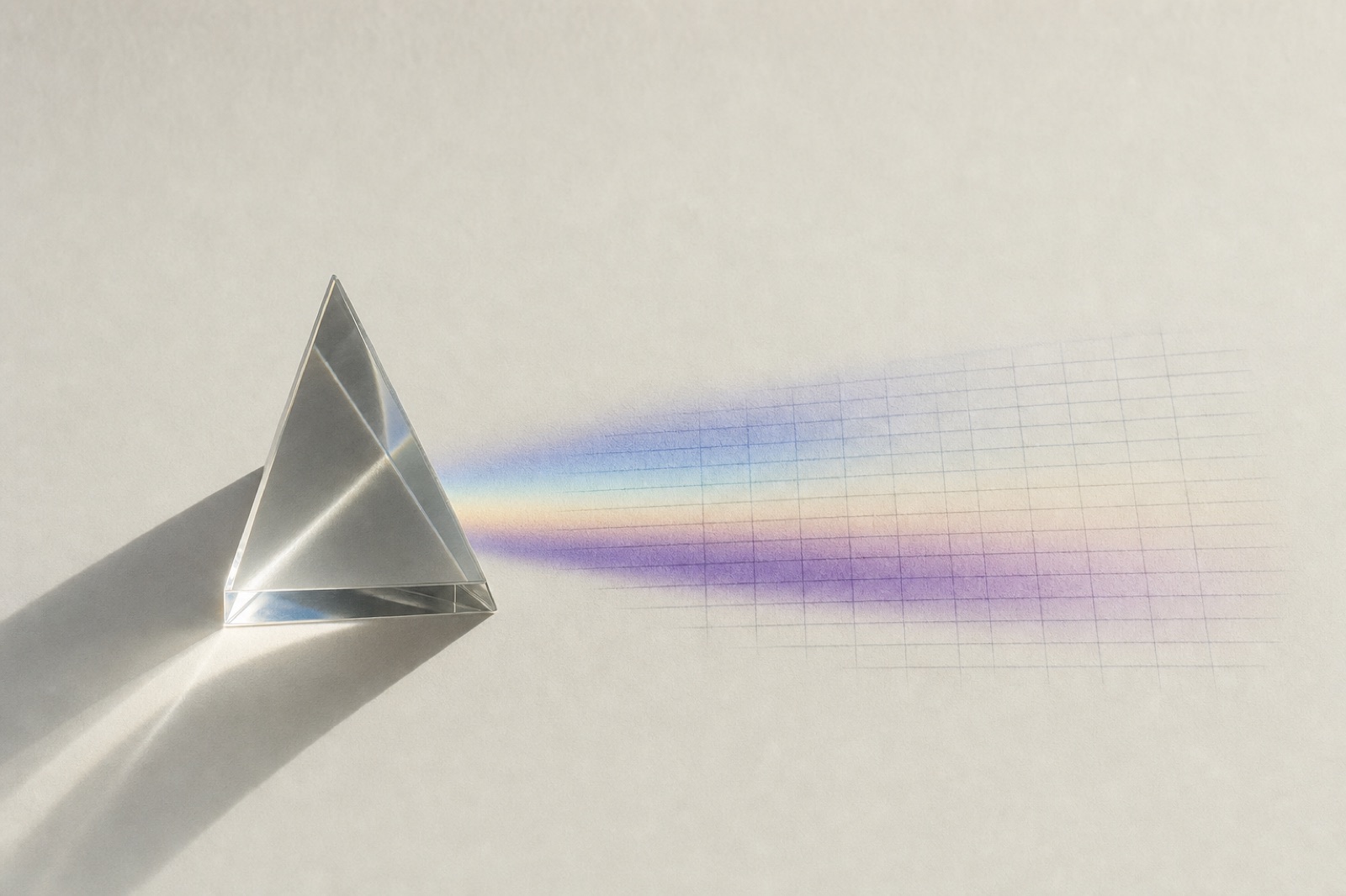 A glass prism refracting a beam of light into a spectrum, which resolves into an orderly grid of ruled lines on warm paper.